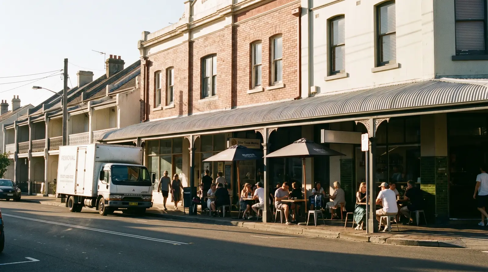 A removal truck at the kerb on Beaumont Street, Hamilton, beside the heritage cafe-strip shopfronts